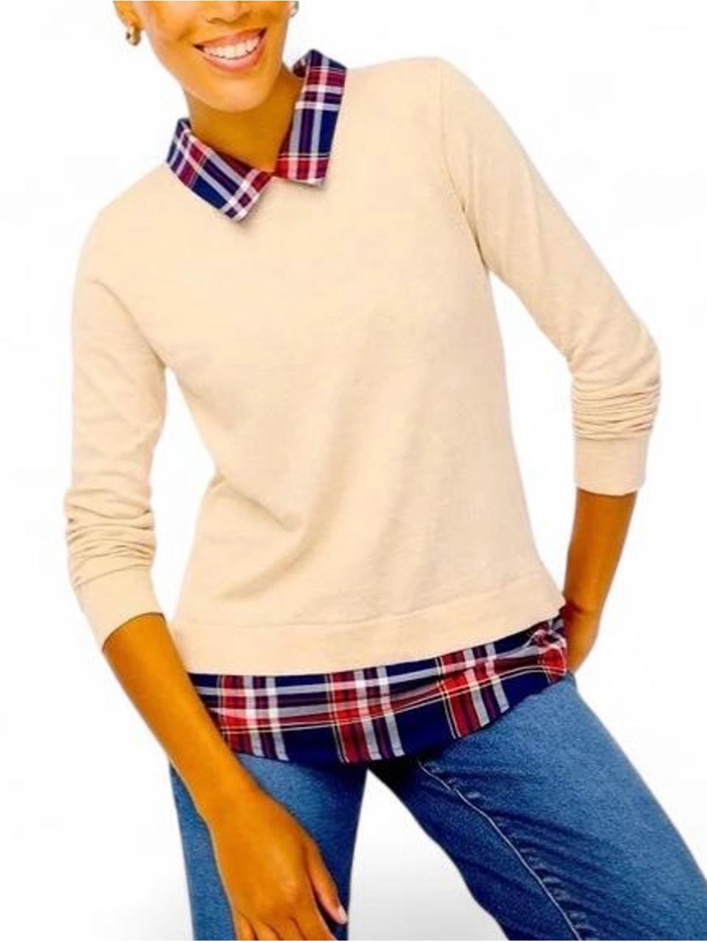 J. Crew Woven Collar Plaid Sweater XL Layered Casual Chic Preppy Cream Classic